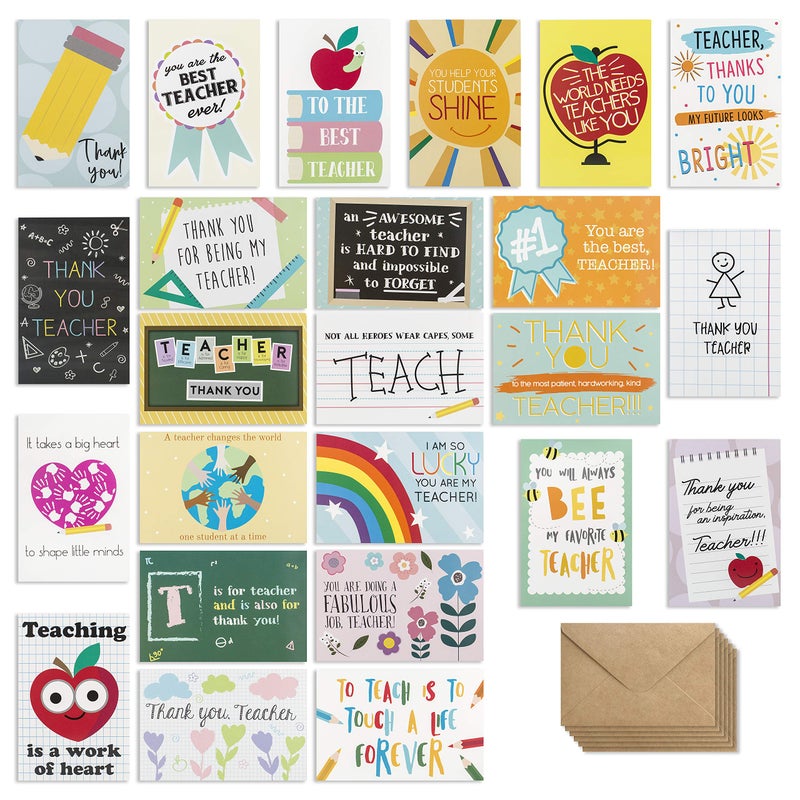 Bargain Paradise 24 Pack Teacher Thank You Cards - Cute Teacher Appreciation Cards in 24 unique Designs- Greeting Card For Teachers Day Card -End of Year Teacher Cards, Thank You Notes To Teachers 4 x 6 inches - Image 3